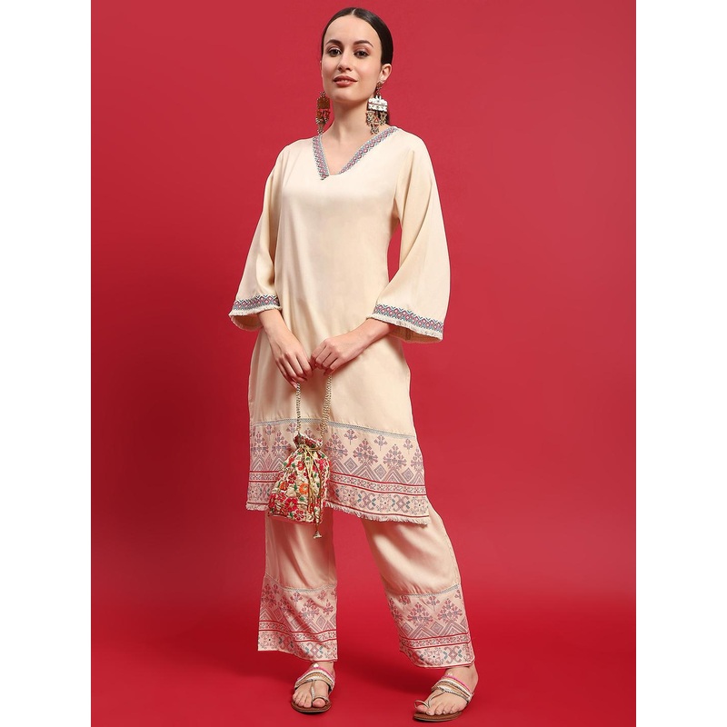 Shree Ethnic Motifs Printed V-Neck Thread Work Straight Kurta with Trouser