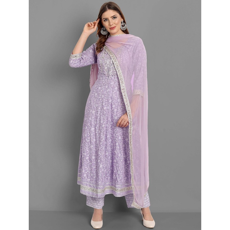 SINGNI Women Purple Ethnic Motifs Embroidered Mirror Work Kurta with Trousers & Dupatta