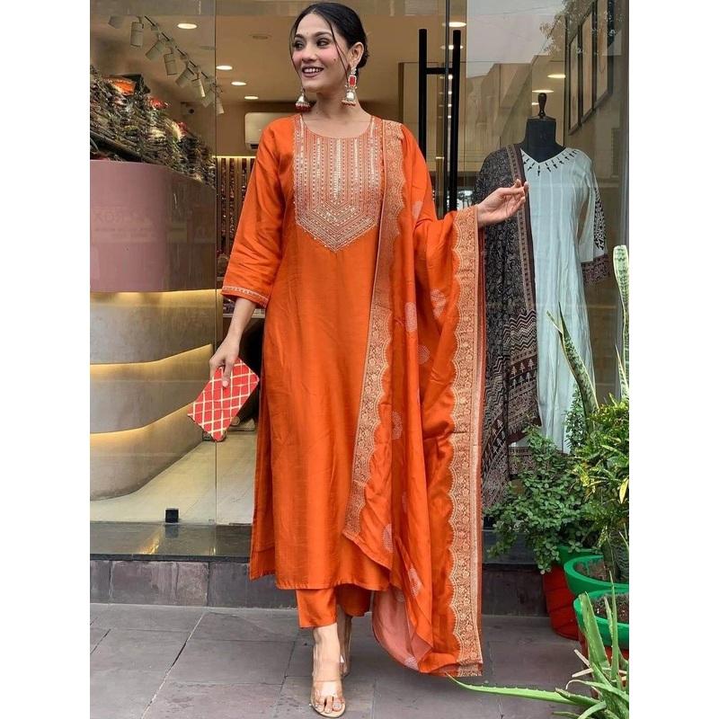 SRILICA Women Ethnic Motifs Embroidered Silk Kurta with Trousers & Dupatta