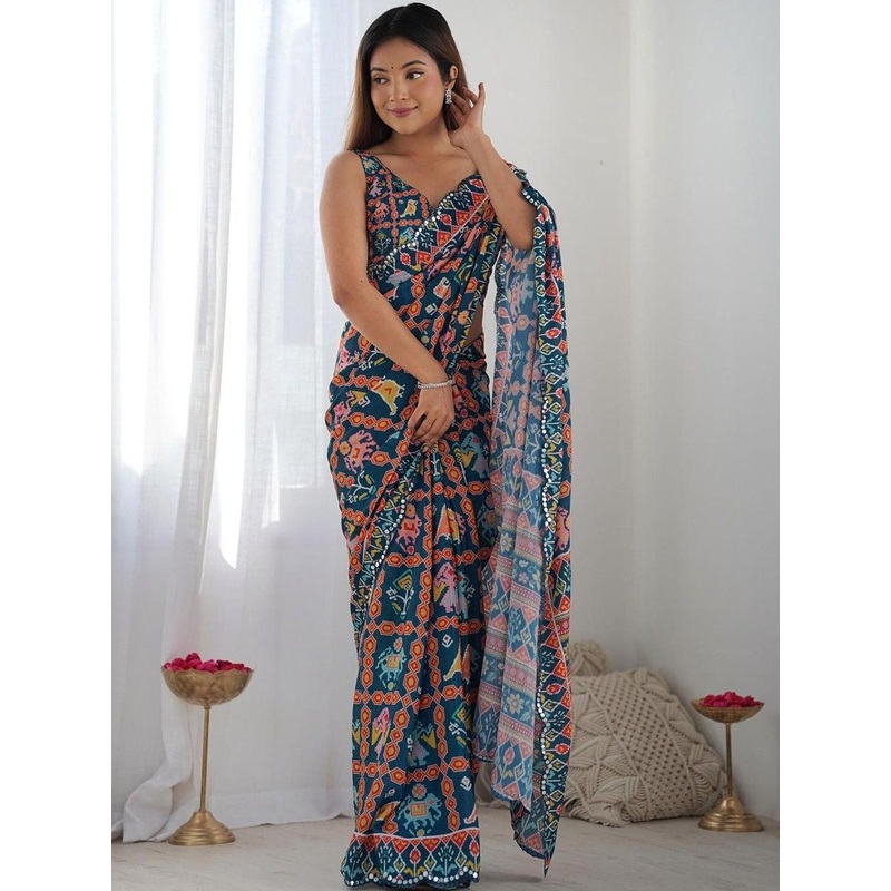 Twika Ethnic Motifs Printed Mirror Work Saree With Unstiched Blouse Piece