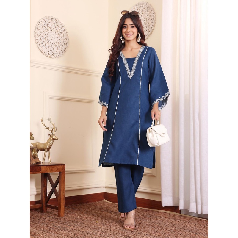 Varanga Navy Blue and White Square Neck Floral Embroidered Top With Trouser