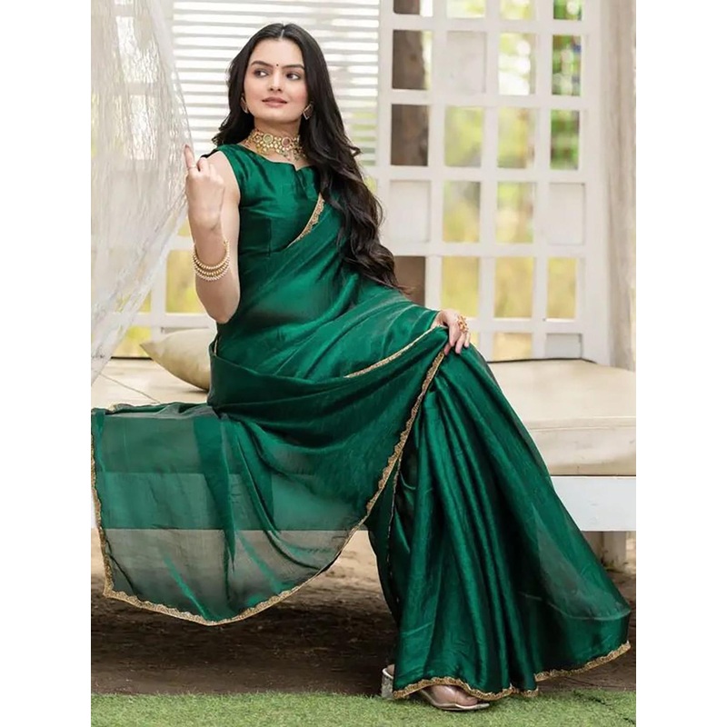 VRAGI Women Solid Beads and Stones Pure Chiffon Saree