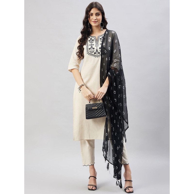 WineRed Floral Yoke Design Thread Work Pure Cotton Kurta With Trousers & Dupatta