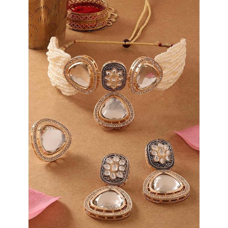 Zaveri Pearls Gold-Plated American Diamond-Studded Necklace With Earrings & Finger Ring