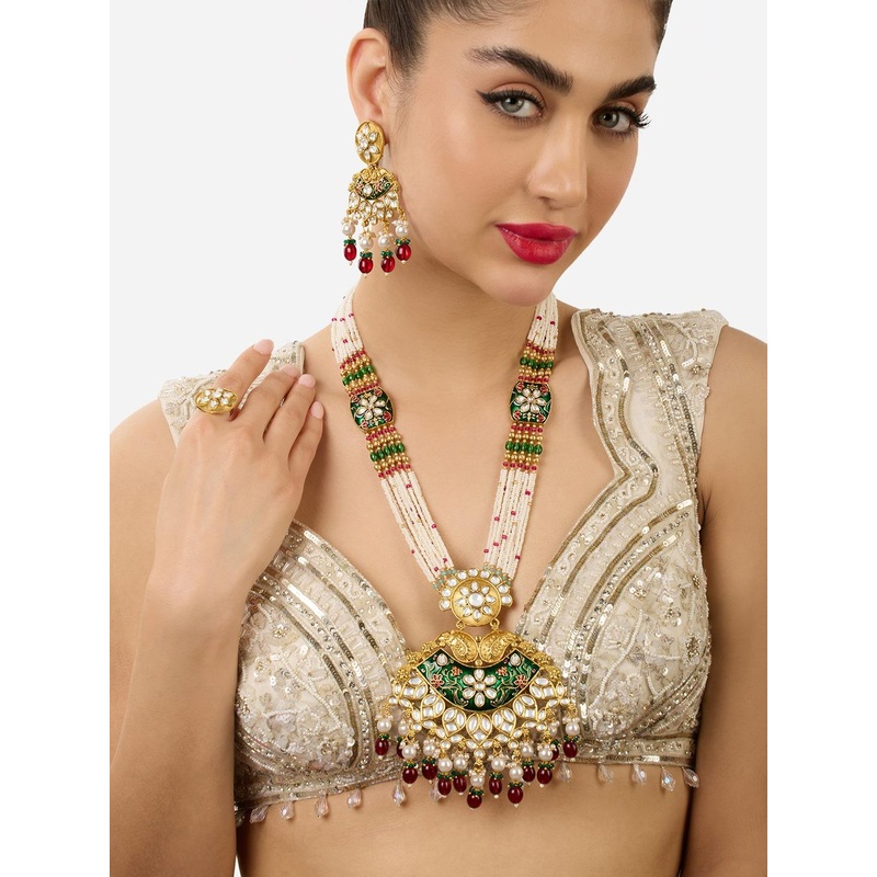 Zaveri Pearls Gold-Plated Kundan-Studded & Beaded Meenakari Jewellery Set