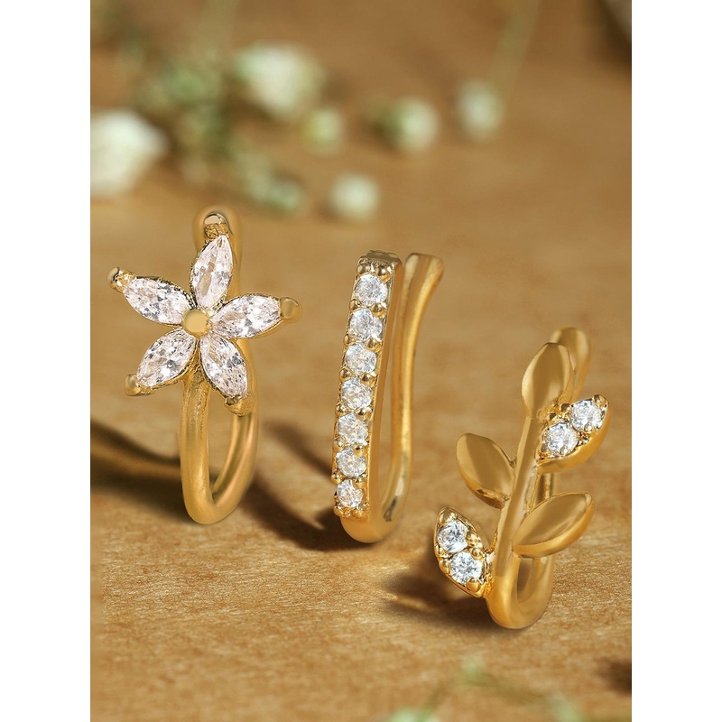 Zaveri Pearls Set Of 3 Cubic Zirconia Stone-Studded Clip On Nosepins