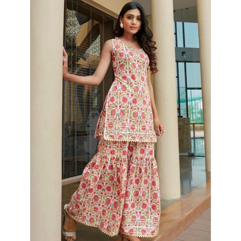 AAFAMI Floral Printed Round Neck Sleeveless Gotta Patti Kurta with Sharara