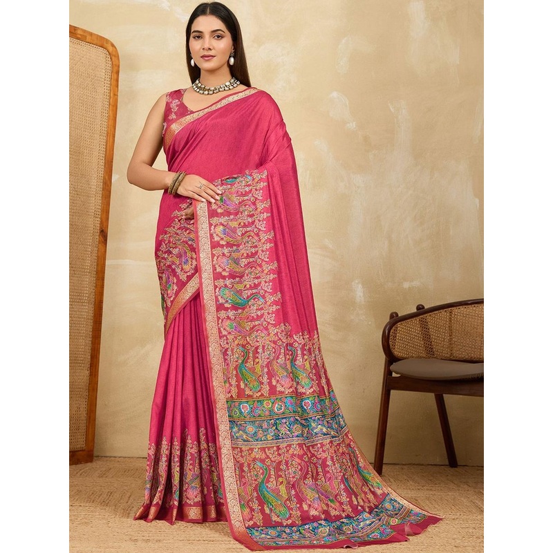 all about you Women Kalamkari Printed Silk Blend Saree With Woven Design Border