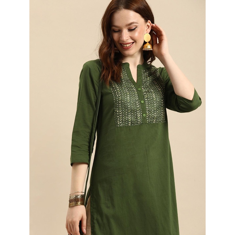 all about you Women Olive Green Geometric Yoke Design Pure Cotton Kurta