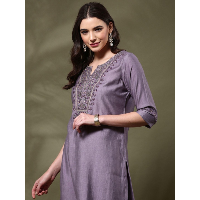 Anouk Floral Yoke Design Notch Neck Thread Work Straight Kurta