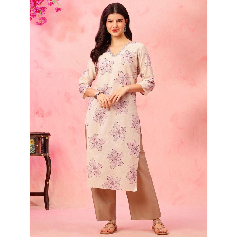 Anouk Rustic Floral Printed V-Neck Cotton Straight Kurta