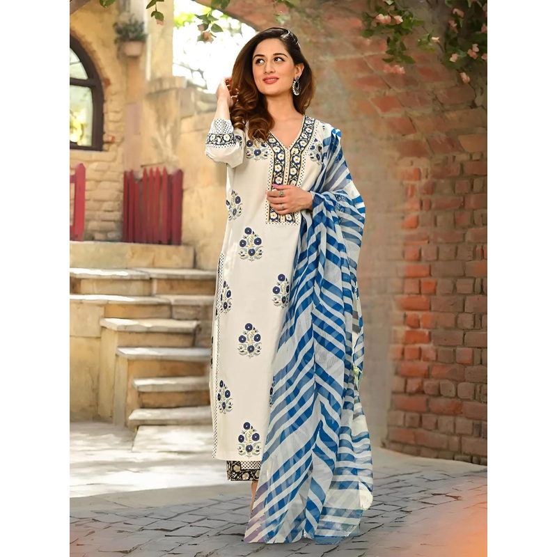 Anouk Rustic Women Ethnic Motifs Printed Thread Work Kurta with Trousers & Dupatta