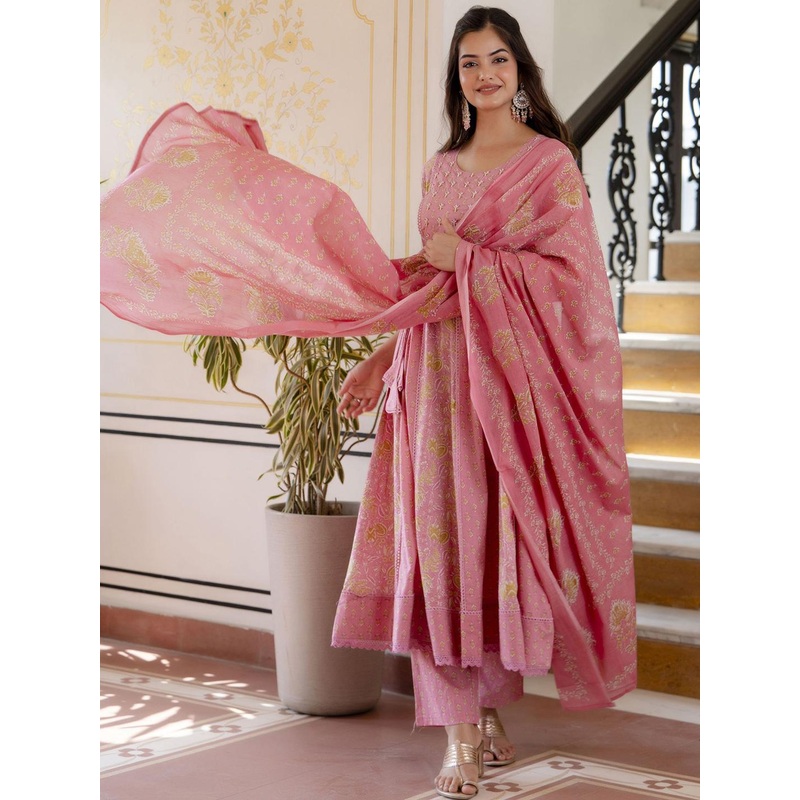 Anouk Women Floral Printed Panelled Aari Work Pure Cotton Kurta with Trousers & With Dupatta