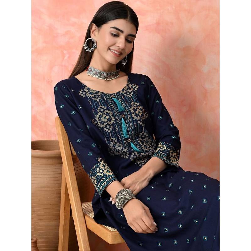 Bhuja Geometric Printed Round Neck Straight Kurta