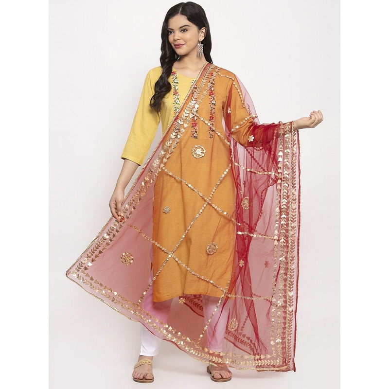 Clora Creation Red & Gold-Toned Embroidered Dupatta with Gotta Patti
