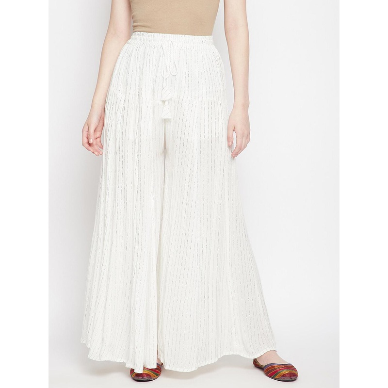 Clora Creation Women White Striped & Embellished Flared Palazzo