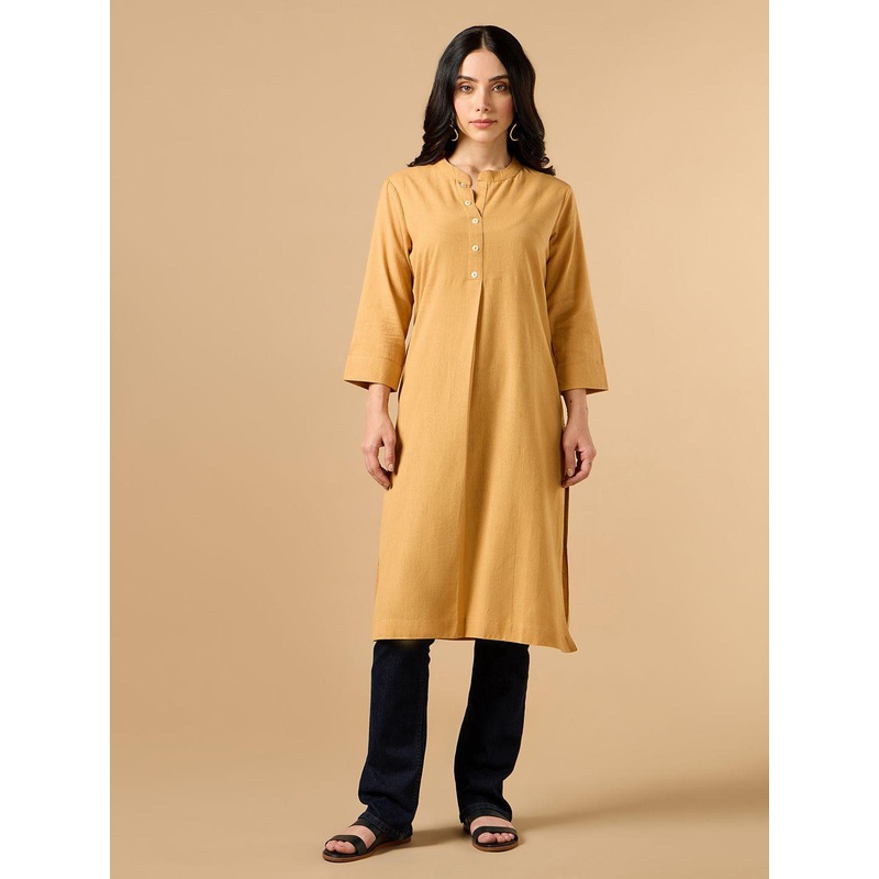 COTTONS DAILY Mandarin Collar Linen Straight Kurta
