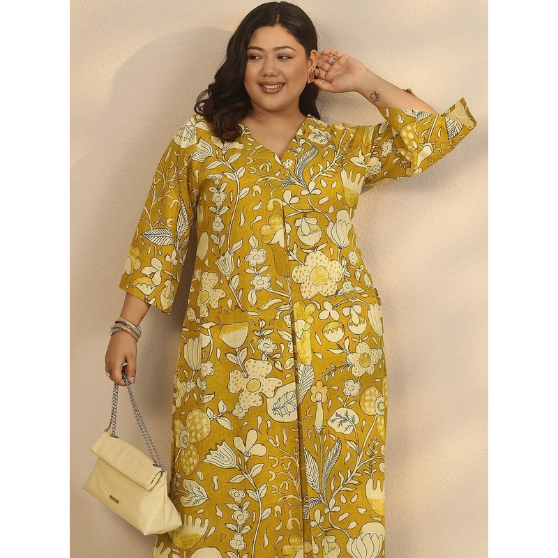 EXTRA LOVE BY LIBAS Floral Printed V-Neck Straight Kurta With Trousers