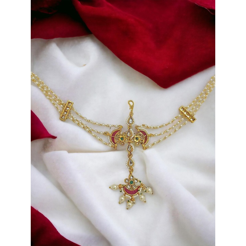 FEMMIBELLA Gold-Plated Artificial Beads Studded Matha Patti Head Jewellery