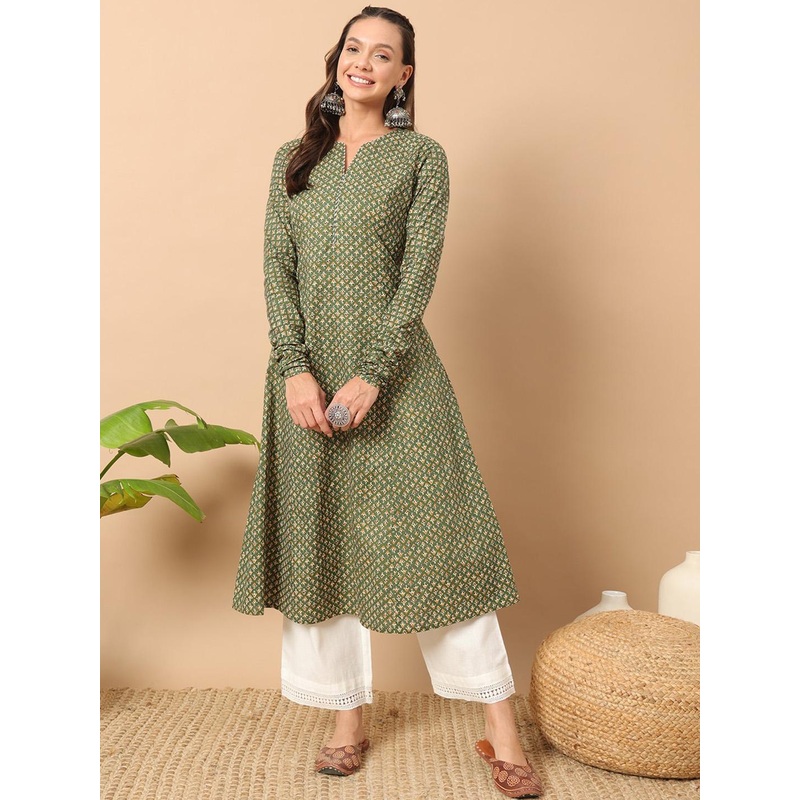 FIORRA Floral Printed Notch Collar Thread Work Cotton A-Line Kurta