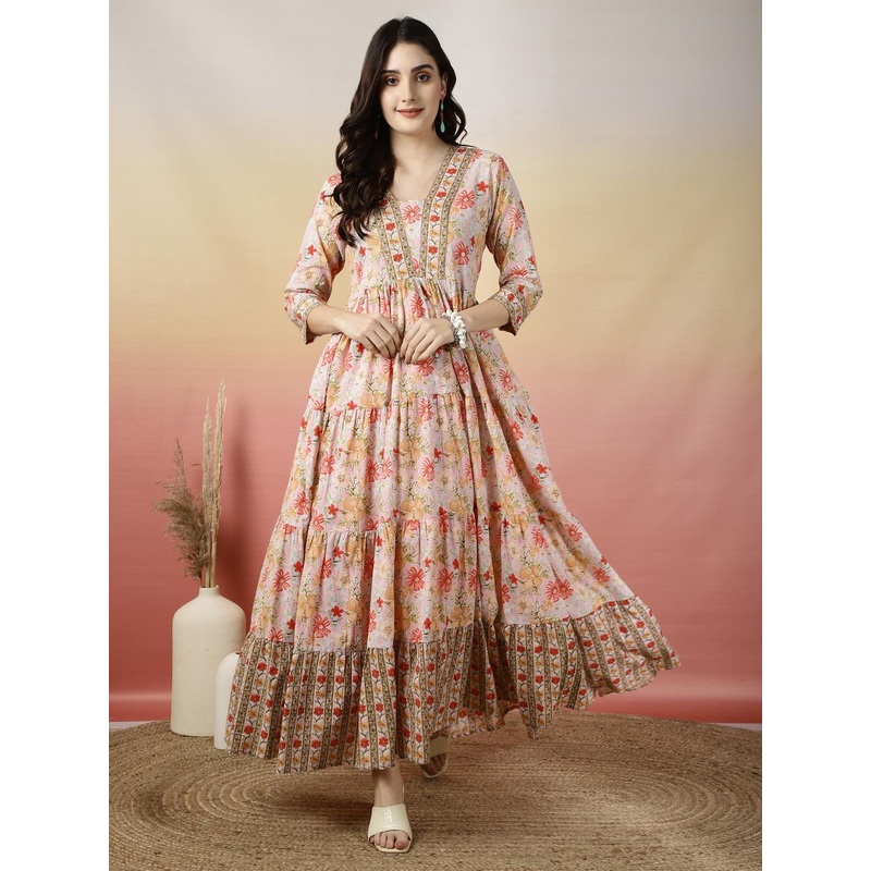 GLAM ROOTS Floral Printed Cotton Tiered Anarkali Kurta