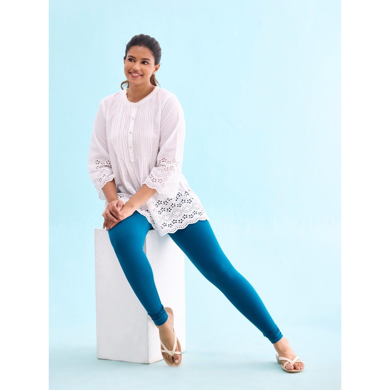 Go Colors Women Teal Blue Solid Ankle Length Leggings