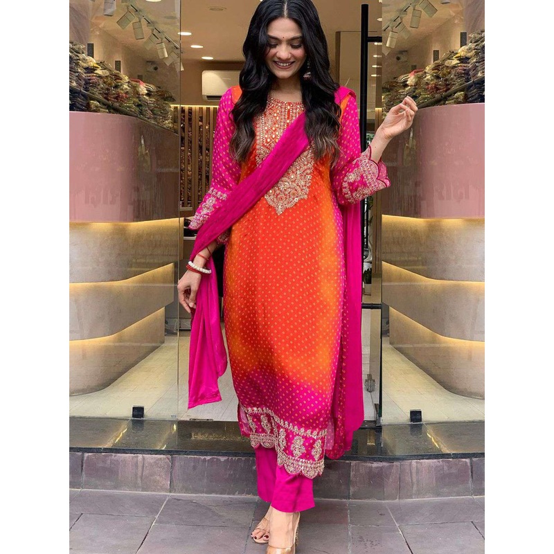 GoSriKi Bandhani Printed Sequinned Embroidery Work Kurta with Trousers & Dupatta