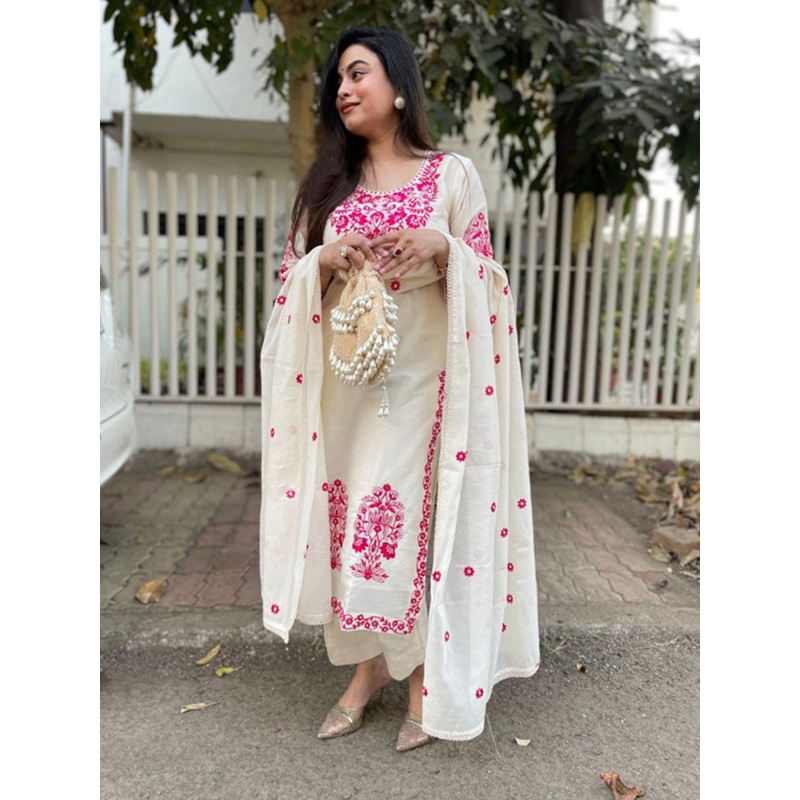 GoSriKi Floral Embroidered Round Neck Straight Kurta With Trousers & Dupatta