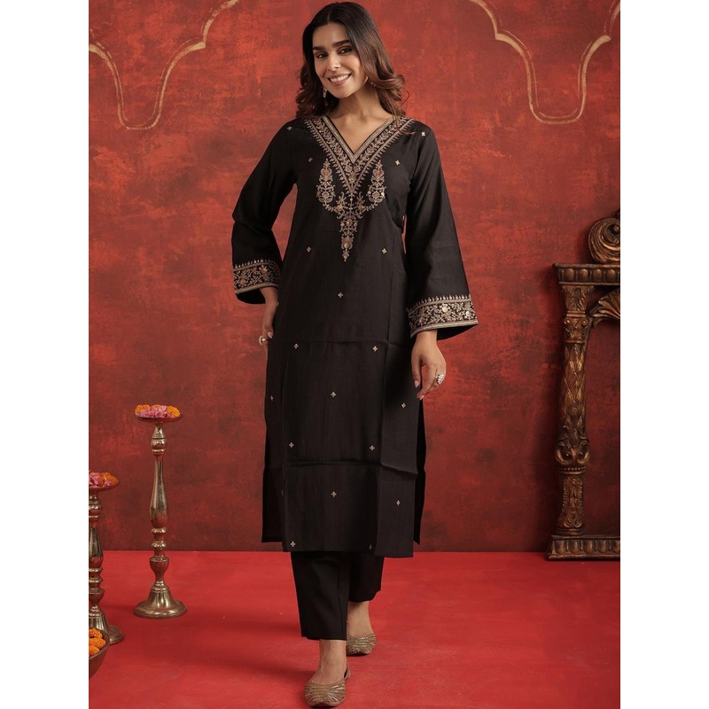 Indo Era Women Ethnic Motifs Embroidered Regular Thread Work Liva Kurta with Trousers