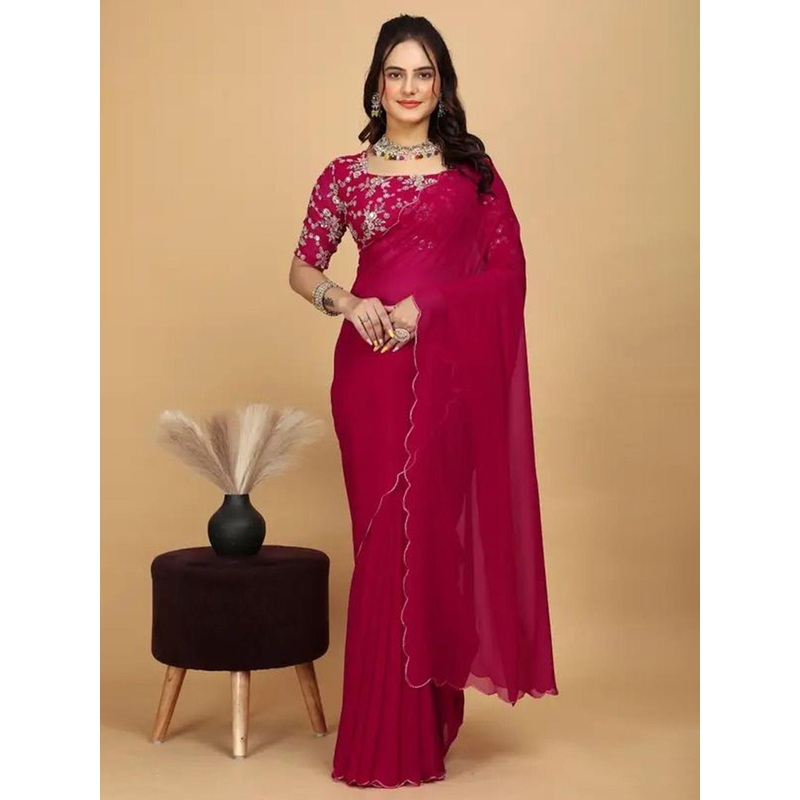 JAINICA Embroidered Border Pure Georgette Saree