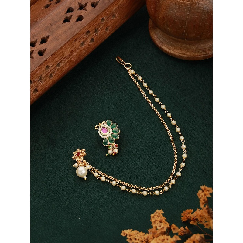 Jazz and Sizzle Set of 2 Gold-Plated Kundan Studded Septum Nosepins