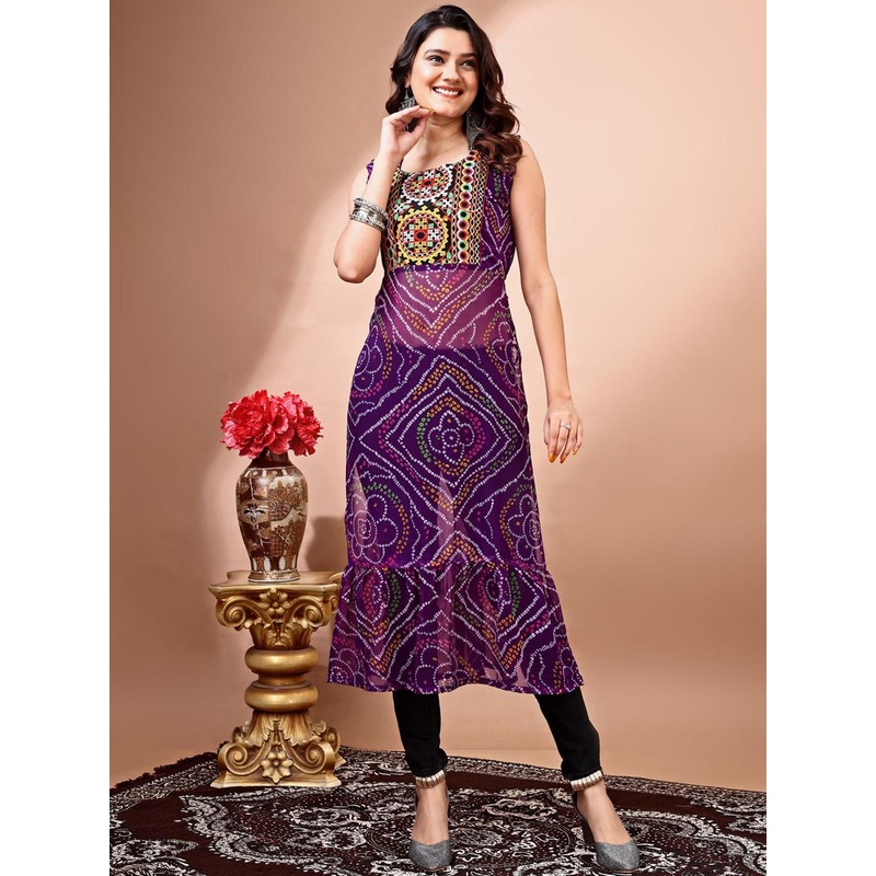 KALINI Bandhani Printed Round Neck Thread Work Georgette Straight Kurta