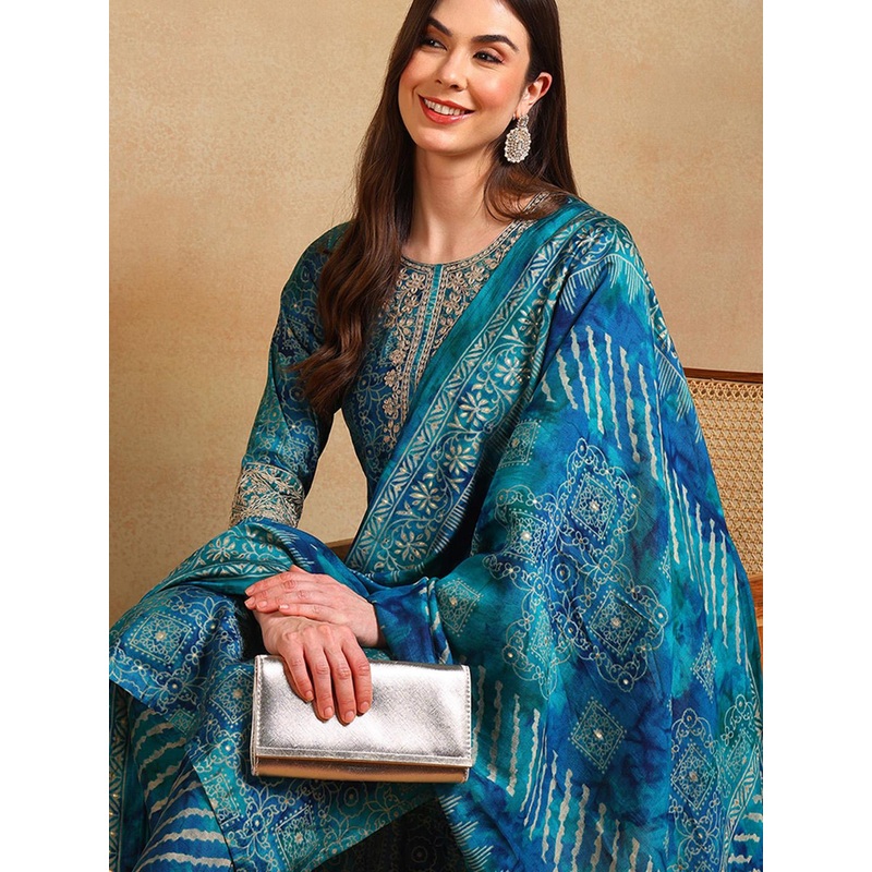 KALINI Ethnic Motifs Printed Thread Work Straight Kurta With Trouser & Dupatta