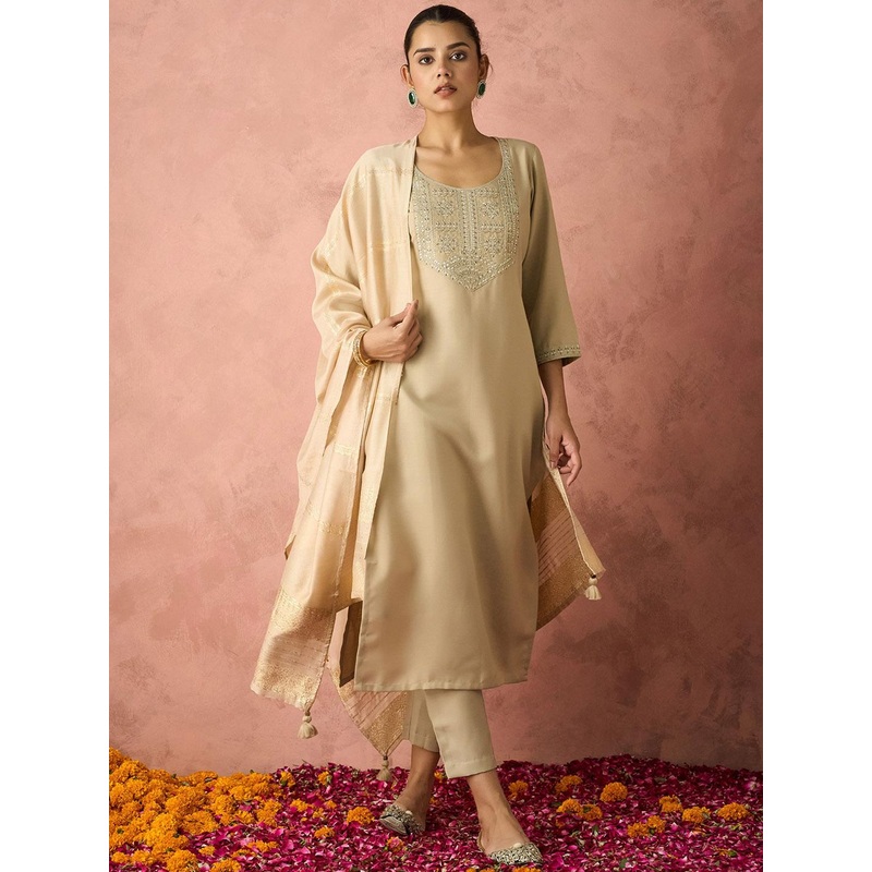 KALINI Ethnic Motifs Yoke Design Straight Thread Work Kurta with Trousers & Dupatta