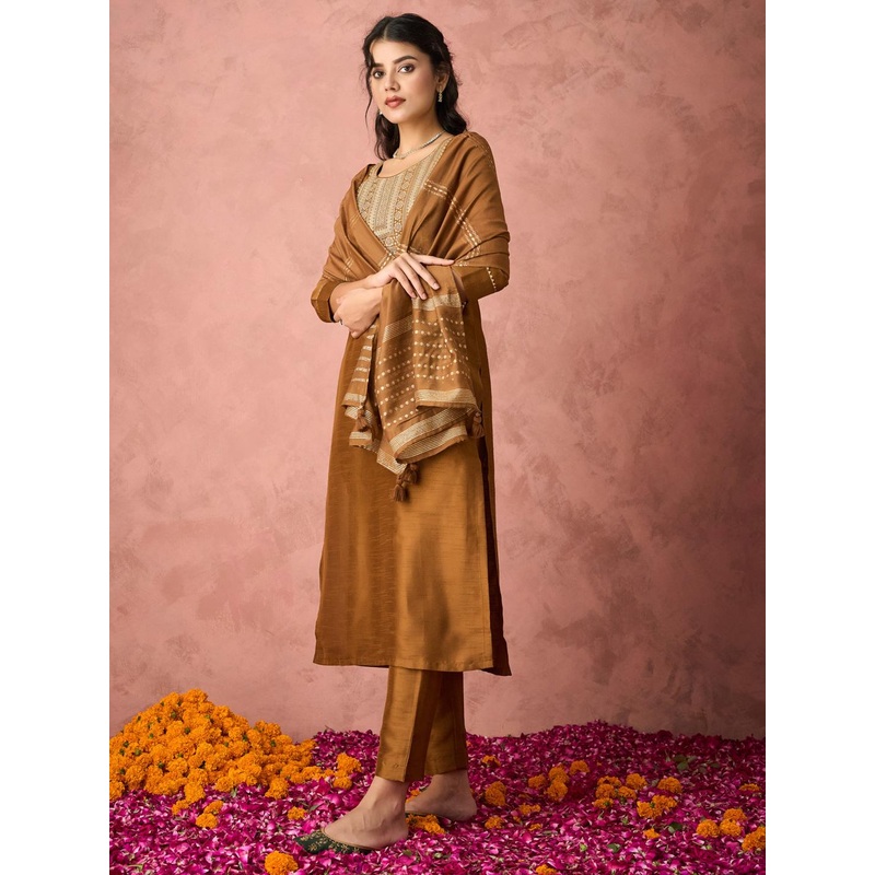 KALINI Ethnic Motifs Yoke Design Thread Work Straight Kurta with Trousers & Dupatta