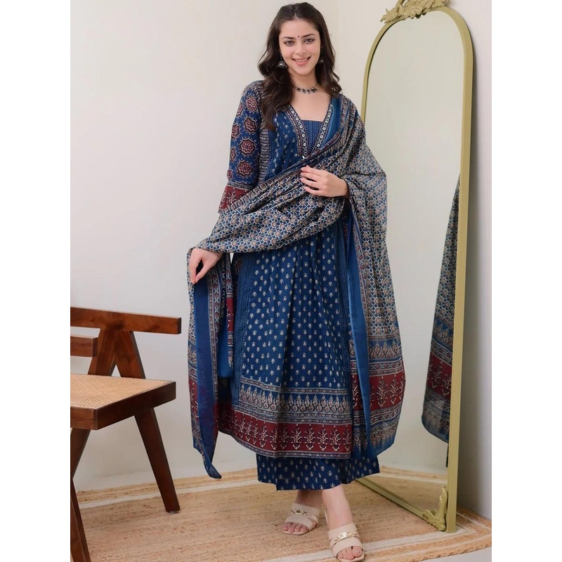 KALINI Floral Printed V Neck Anarkali Kurta With Trousers & Dupatta