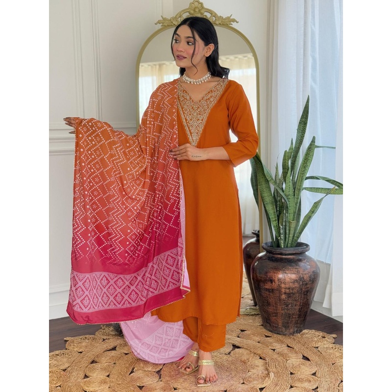 KALINI Women Ethnic Motifs Embroidered Regular Kurta with Trousers & With Dupatta