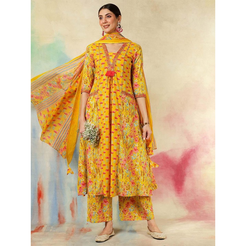 KIMAYRA Floral Printed Pure Cotton Anarkali Kurta With Palazzos And Dupatta