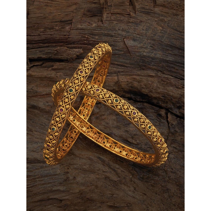 Kushal’s Fashion Jewellery Set Of 2 Gold-Plated Stone-Studded Bangles
