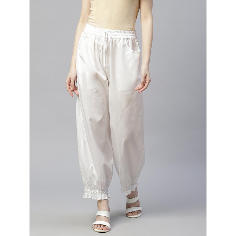 Laado – Pamper Yourself Women White Solid Lace Frill Pure Cotton Afghan Salwar