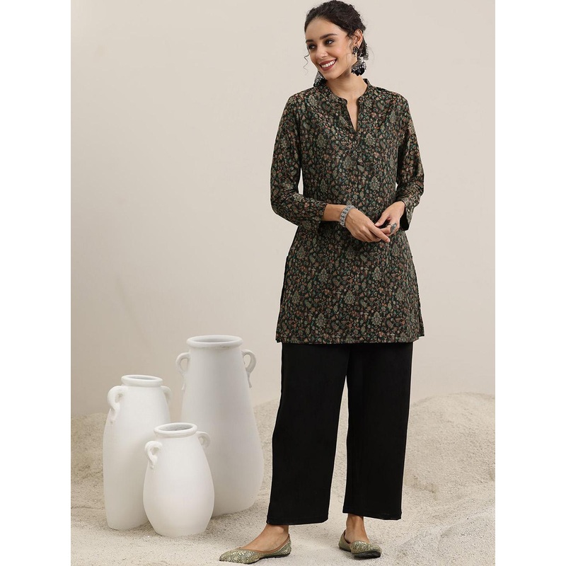 Libas Black Floral Woven Design Mandarin Collar Straight Kurta with Palazzo