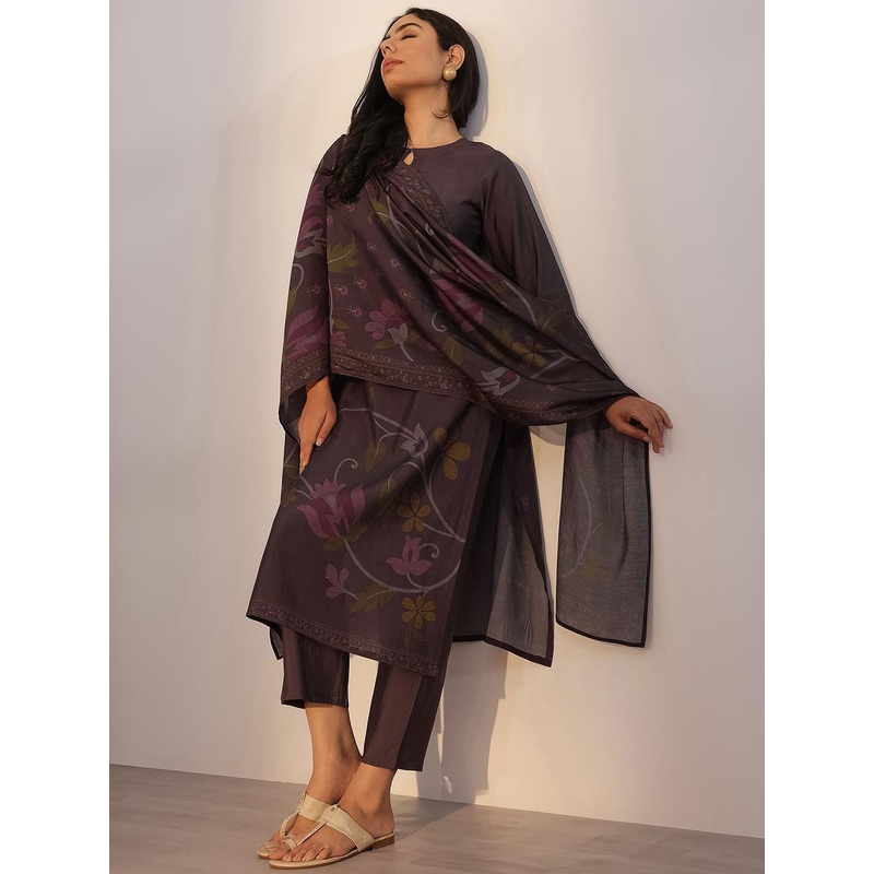 Libas Floral Printed Keyhole Neck Straight Kurta With Trousers & Dupatta