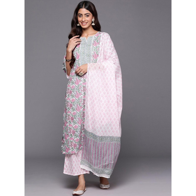 Libas Floral Printed Notch Neck Cotton Straight Kurta With Palazzos & Dupatta