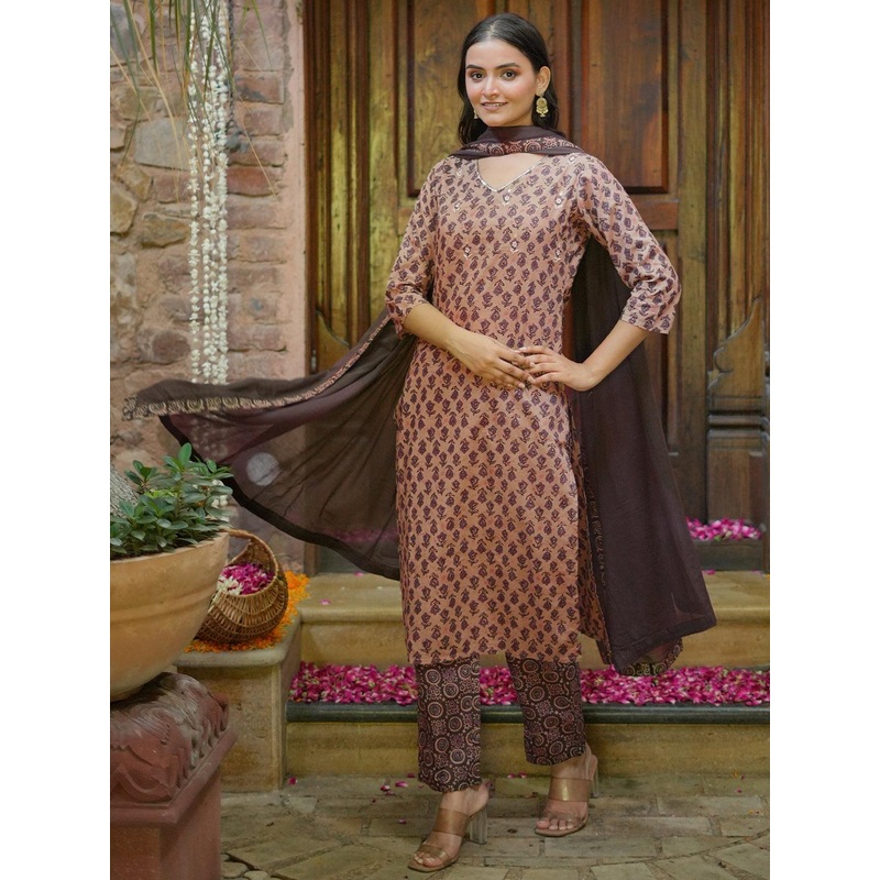 Libas Floral Printed V-Neck Straight Kurta With Trousers And Dupatta