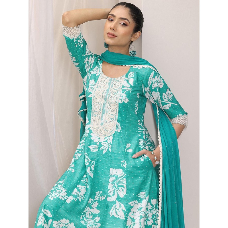 Libas Womens Blue Printed Anarkali Kurta With Trousers & Dupatta