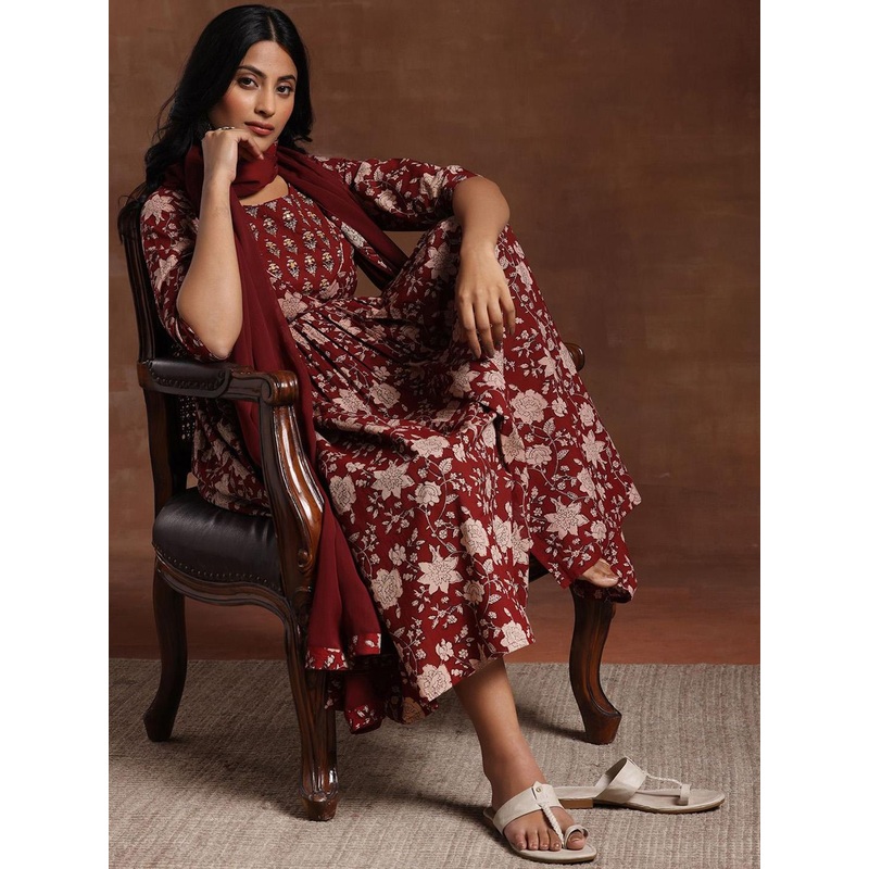 Libas Womens Maroon Printed Cotton Anarkali Kurta With Trousers & Dupatta