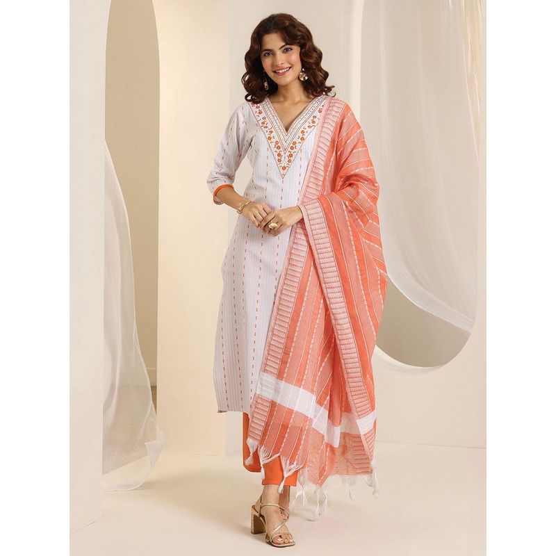 Libas Woven Design V-Neck Straight Kurta With Trousers & Dupatta