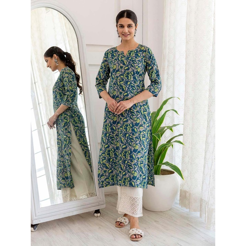 Nayo Ethnic Motifs Printed Notched Neck Cotton Straight Kurta