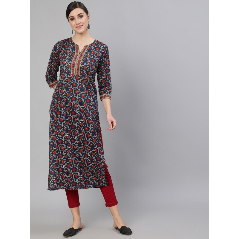 Nayo Women Blue7 Red Ethnic Motifs Printed Straight Kurta