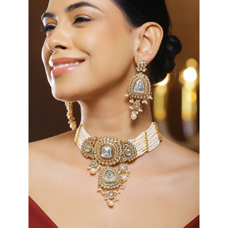 Rubans 22K Gold-Plated Brass White Kundan & Cubic Zirconia Strand Bridal Necklace Set